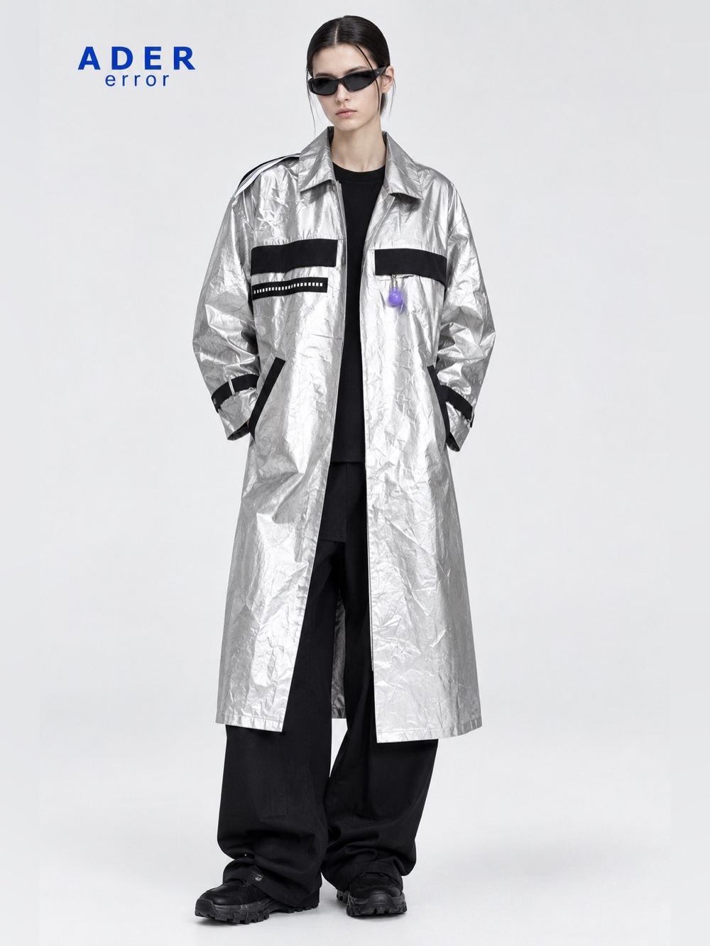 ADER Error Metallic Silver Oversized Long Coat Avant Garde Statement jacket